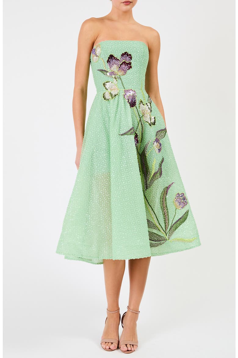 strapless midi fit and flare dress Donna Karan New York Women's Strapless Jacquard Fit & Flare Floral Midi Dress - Nightfall/Cream