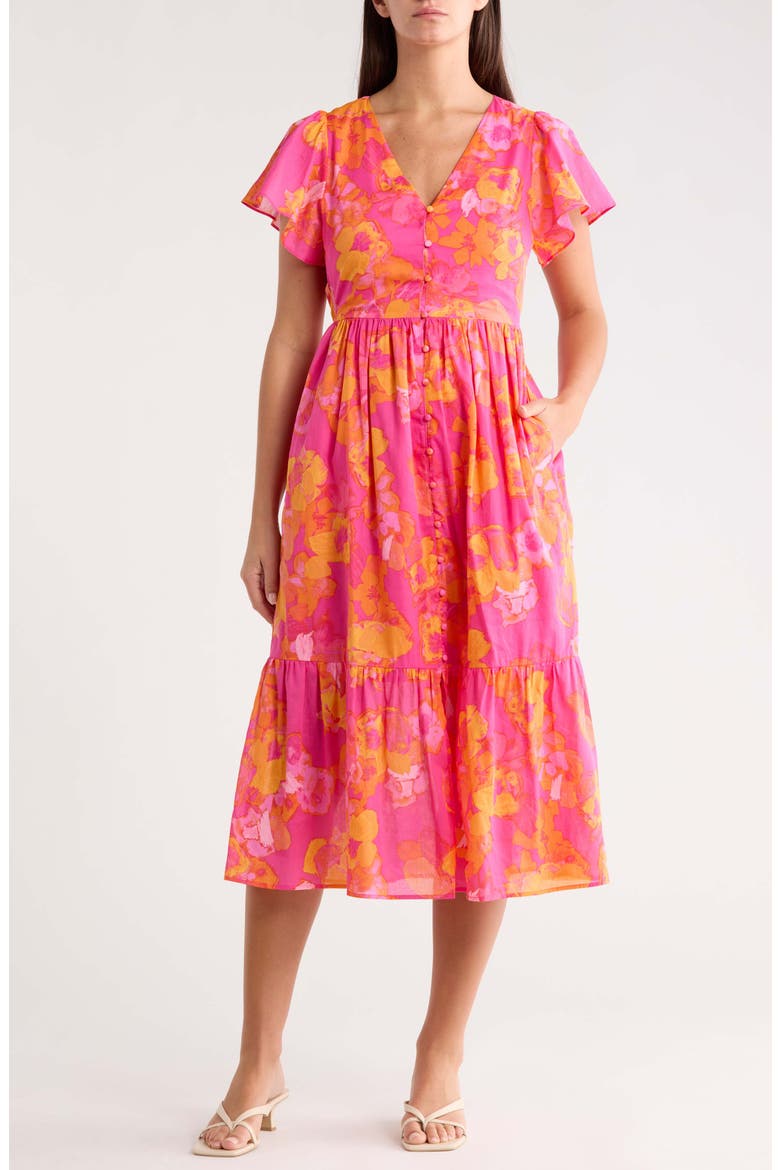 Elaris Floral Blissa Cotton Button-Up Midi Dress, Main, color, FUCHSIA-ORANGE-MUL