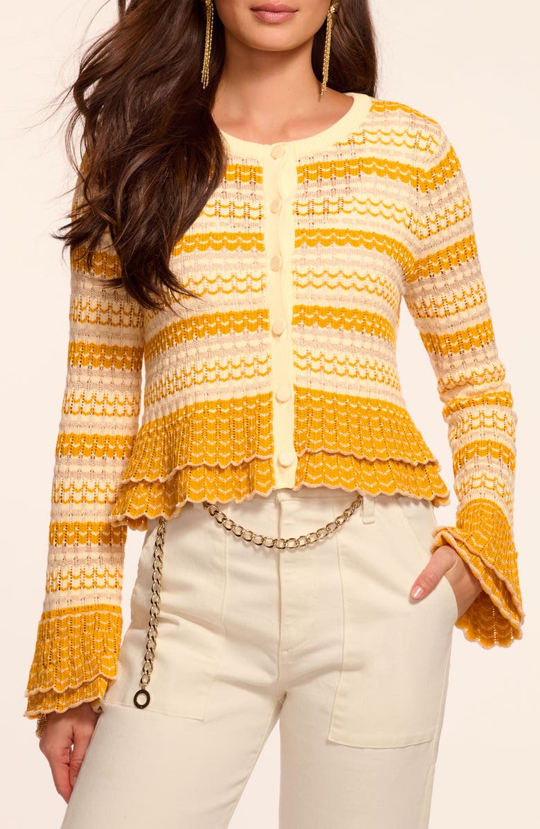 Ramy Brook Brit Metallic Stripe Flounce Detail Cotton Blend Cardigan, Main, color, Marigold Combo Stripe
