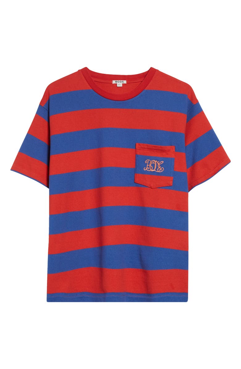 Bode Clubhouse Logo Embroidered Stripe Pocket T-Shirt, Alternate, color, Red Blue