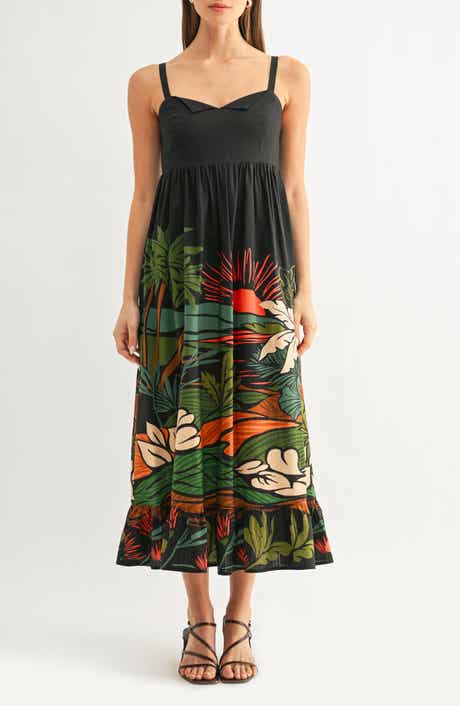 Leah Tropical Print Babydoll Midi Sundress