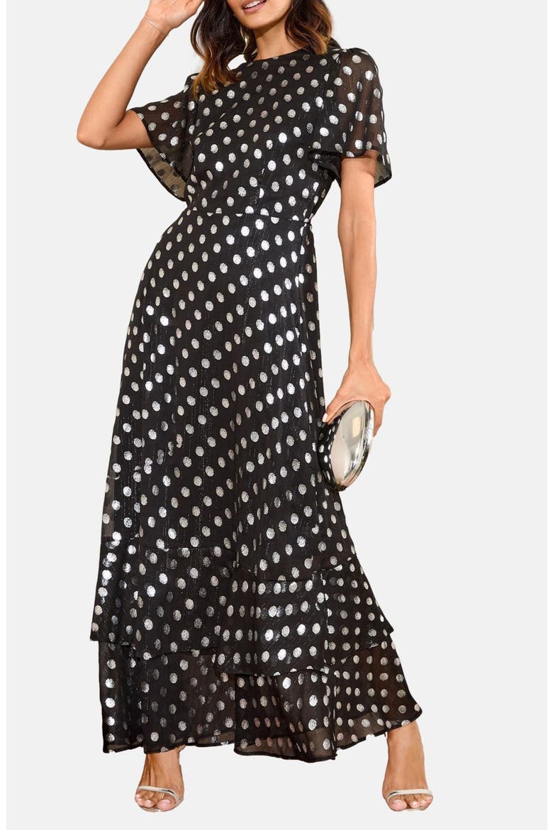 Foil Polka Dot Chiffon Maxi Cocktail Dress, Main, color, BLACK