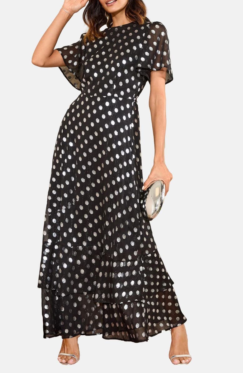 Friends Like These Foil Polka Dot Chiffon Maxi Cocktail Dress, Main, color, Black