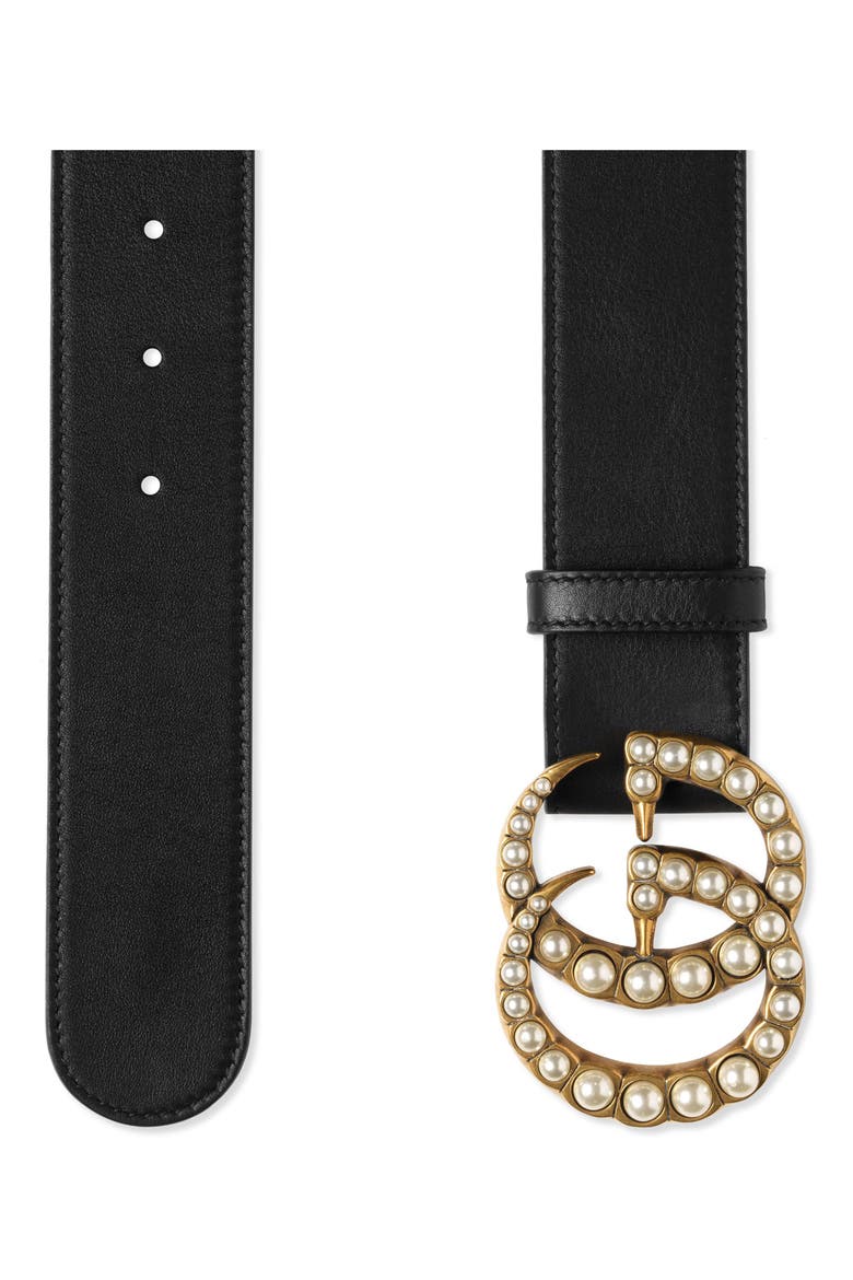 Imitation Pearl Double-G Leather Belt, Alternate, color, DLX1T 9094 NERO/CREAM
