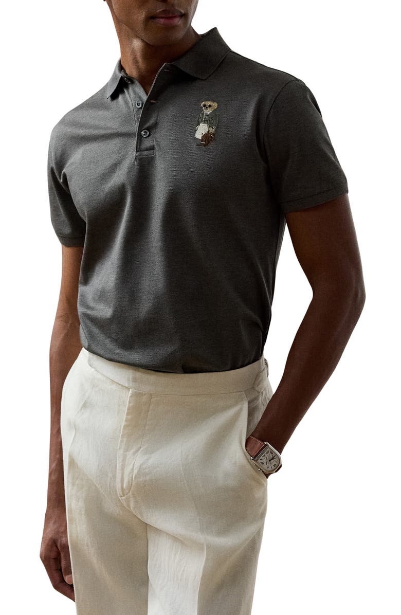 Ralph Lauren Purple Label Polo Bear Patch Cotton Piqué Knit Polo, Main, color, Med Grey Melange