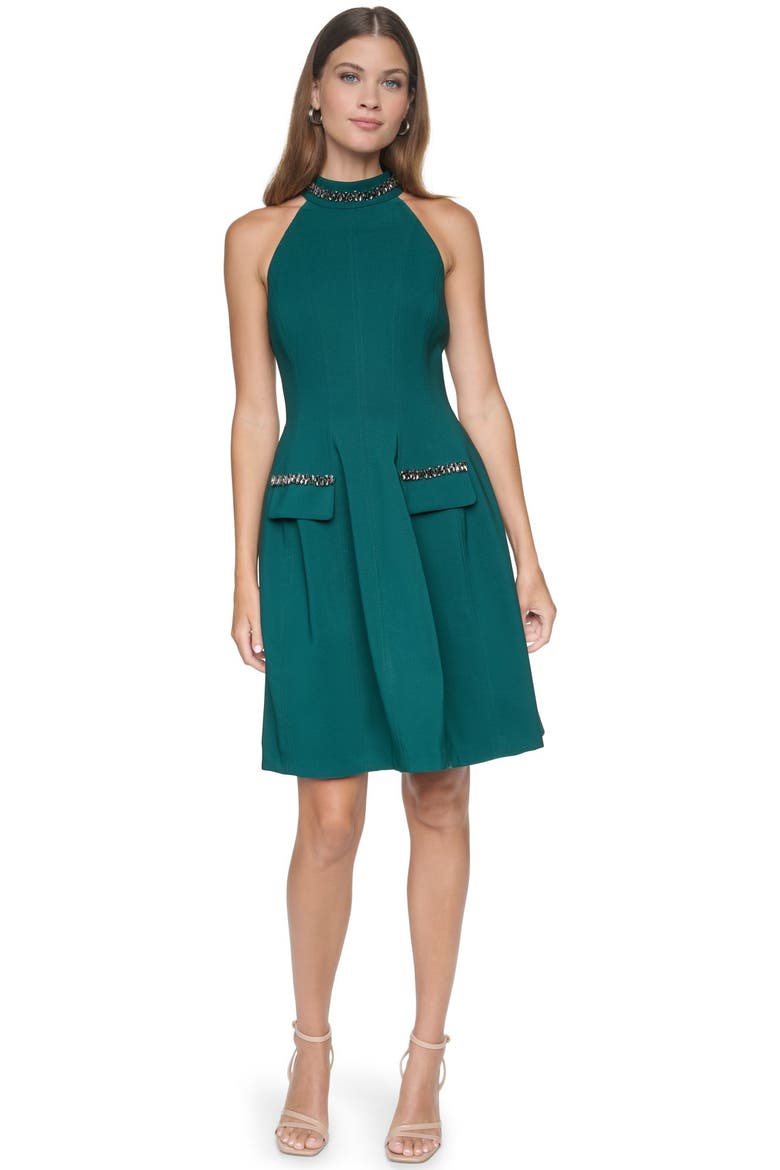 Embellished Halter Fit-and-Flare Dress, Alternate, color, Spruce