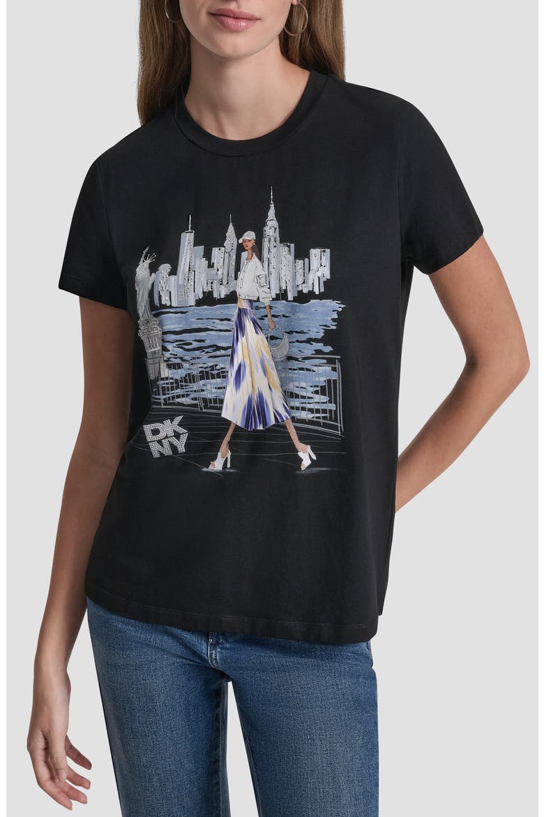 Crystal Embellished Statue of Liberty Conversational Graphic T-Shirt, Main, color, BLACK