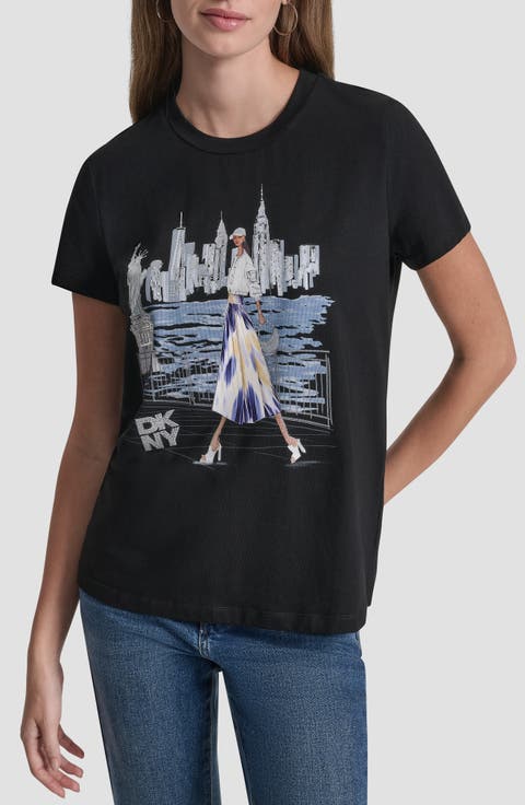 Crystal Embellished Statue of Liberty Conversational Graphic T-Shirt