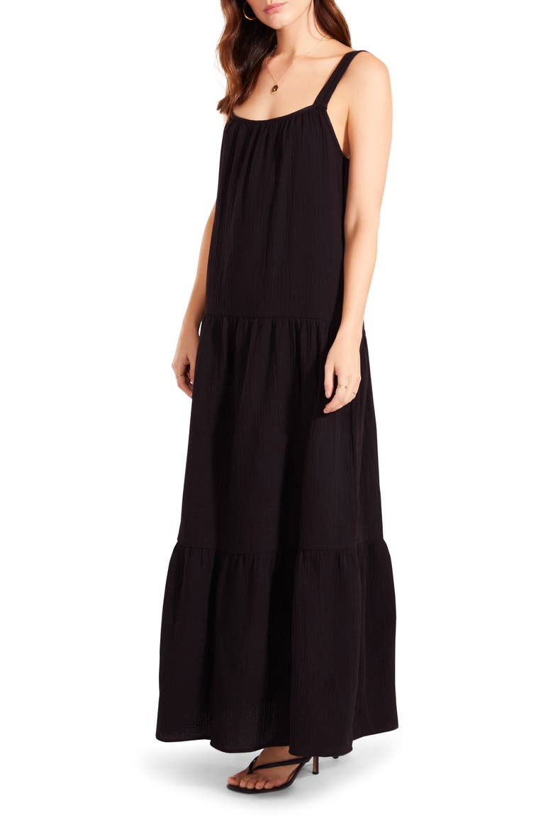 Arianna Sleeveless Tiered Cotton Maxi Dress, Alternate, color, BLACK