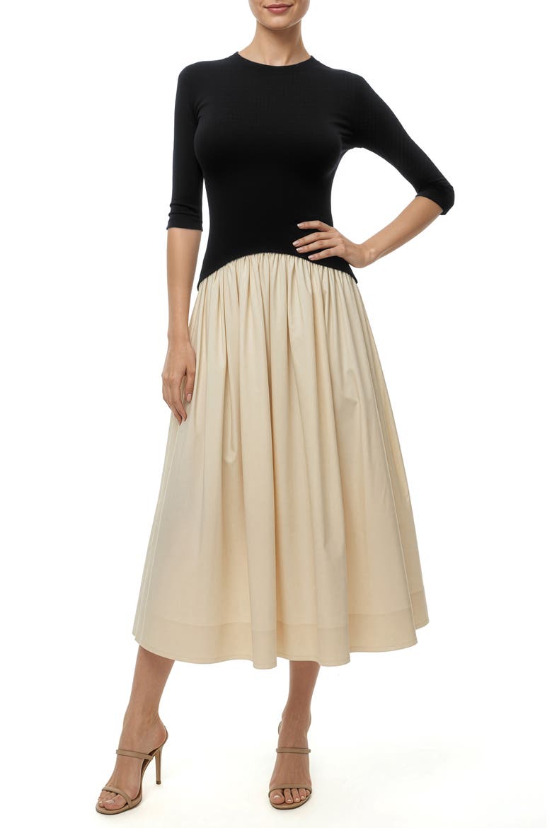Mixed Media Midi Dress, Main, color, BLACK CREAM