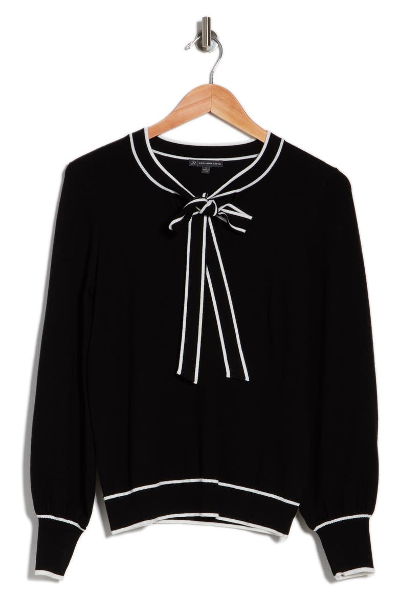 Tipped Bow Neck Sweater, Alternate, color, BLACK/IVORY