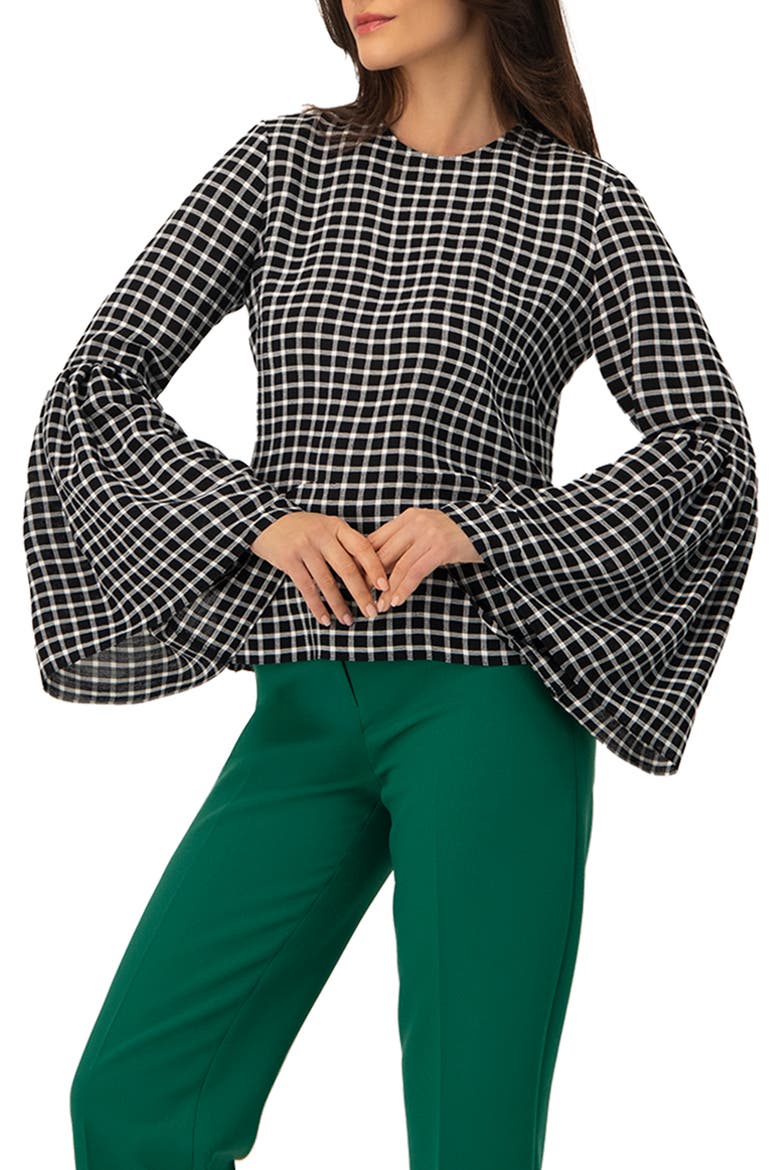 Check Blouse with Puffed Sleeves, Alternate, color, Black