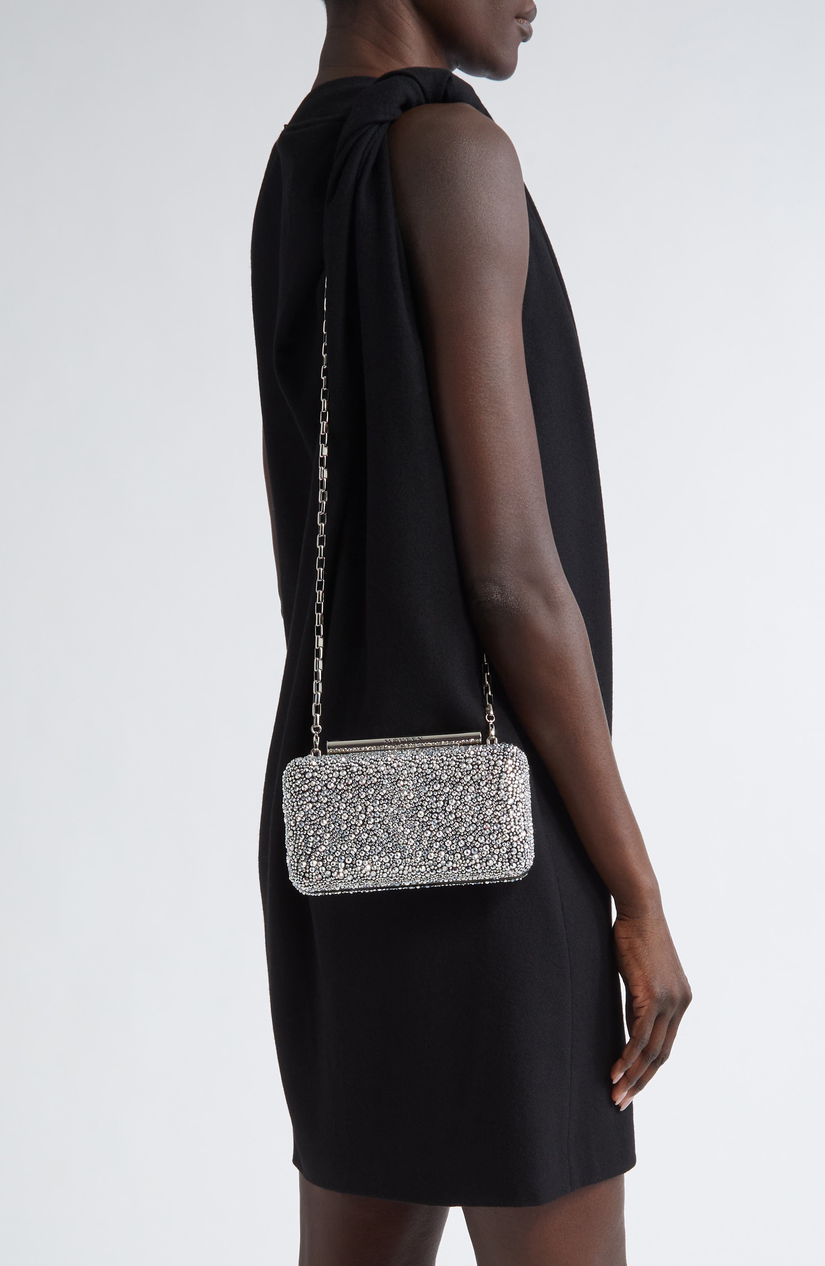 McQueen T-Bar Crystal Box Clutch, Alternate, color, Silver/Black