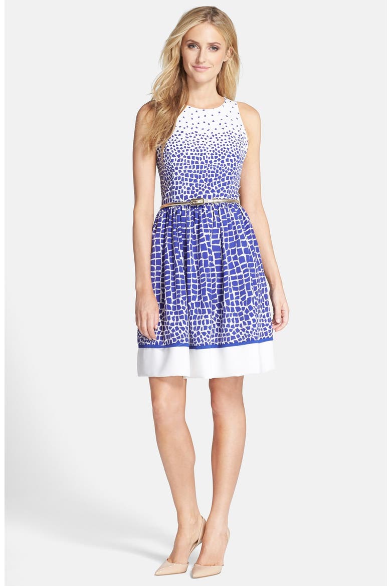 Belted Print Fit & Flare Dress, Alternate, color, BLUE/ WHITE