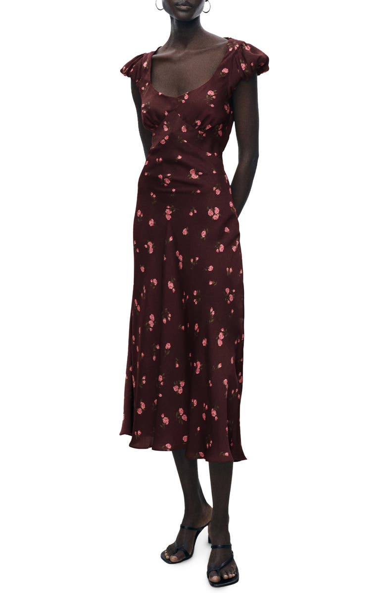 MANGO Floral Print Cap Sleeve Midi Dress, Main, color, 
