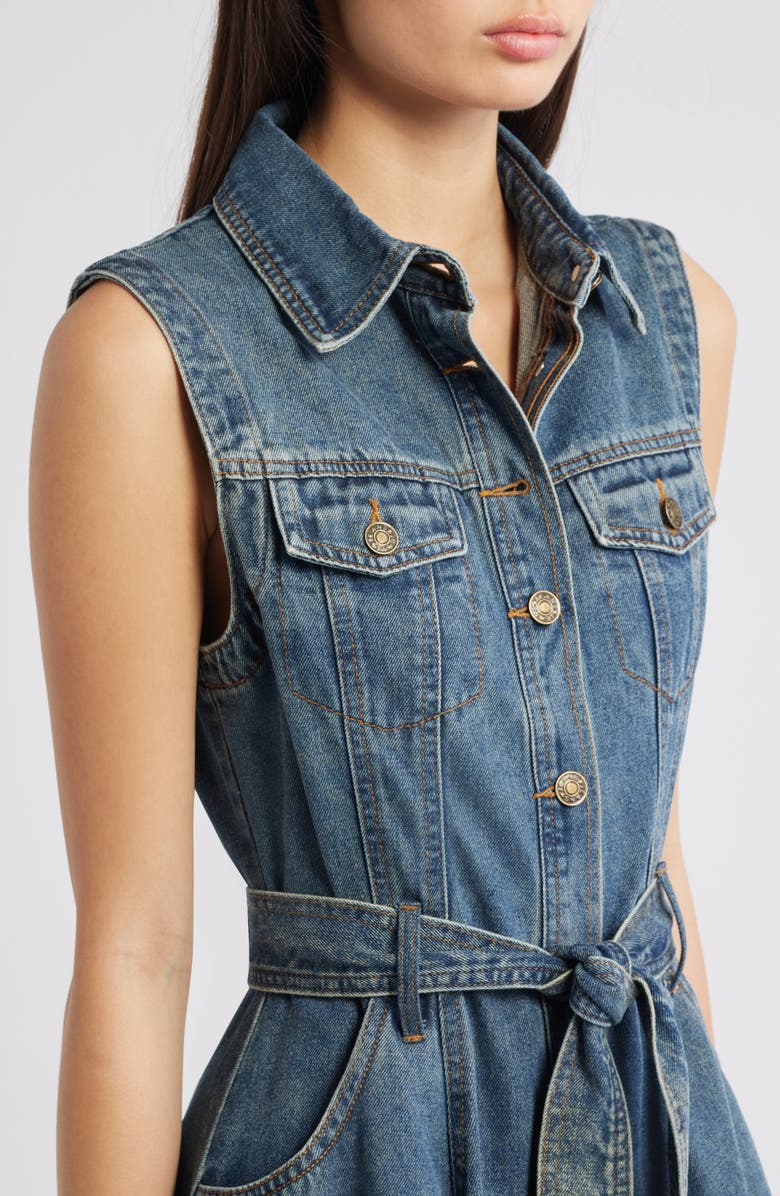 FREEMARKET Denim Tie Waist High Low Midi Dress, Alternate, color, Medium Indigo