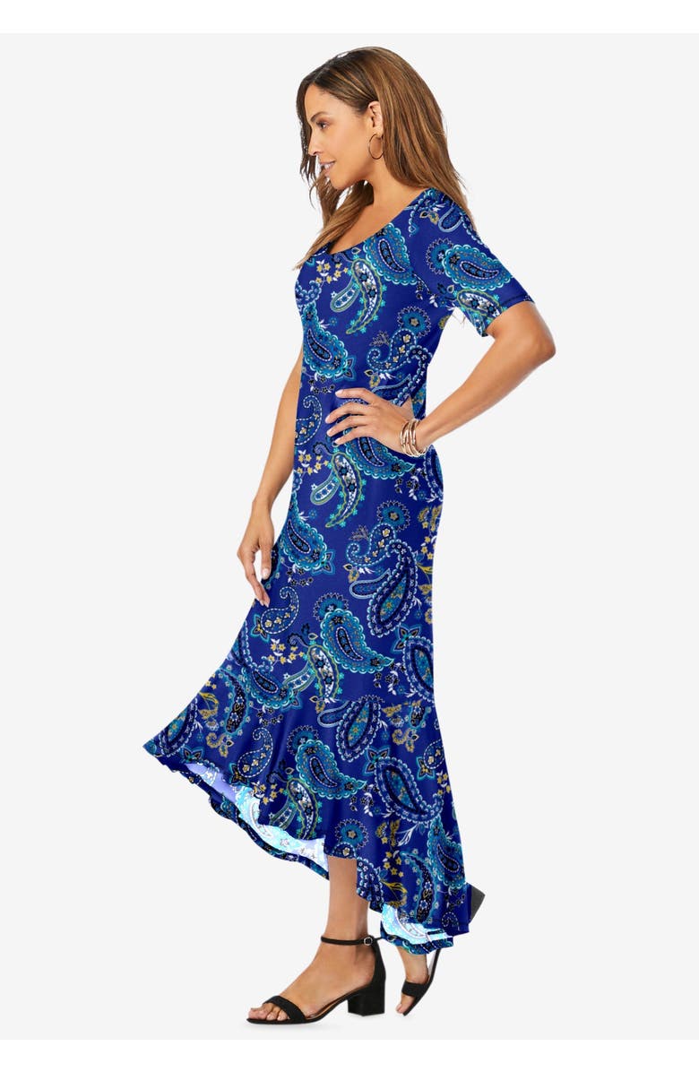 Jessica London Stretch Knit Flounce Hem Maxi Dress, Alternate, color, Black White Lace