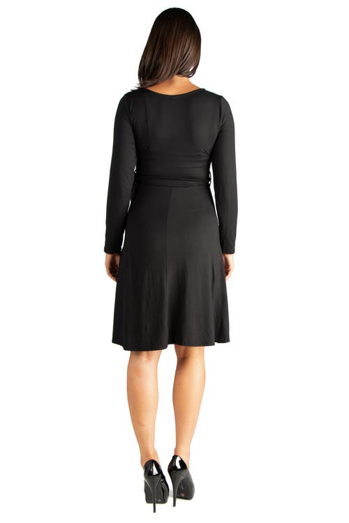 24seven Comfort Apparel Chic V-neck Long Sleeve Belted Maternity Dress In Black