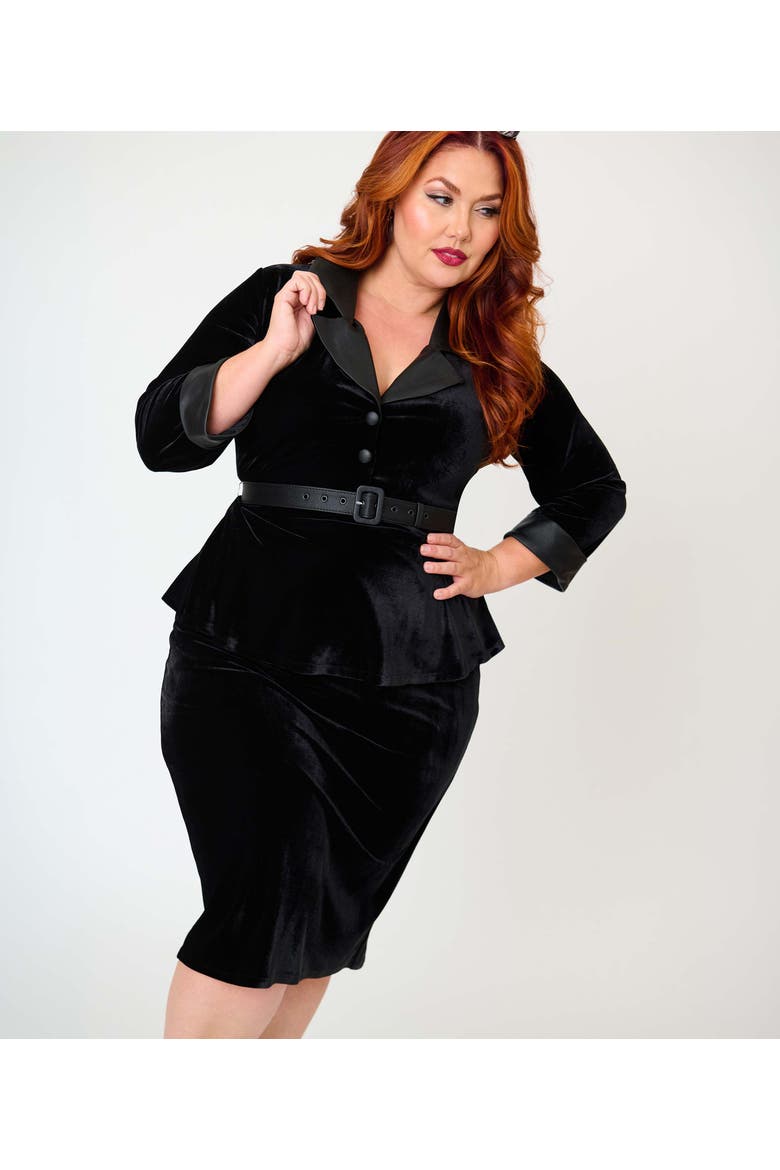 Plus Size Peplum Cooper Suit Pencil Dress, Alternate, color, Black Velvet W/ Faux Leather