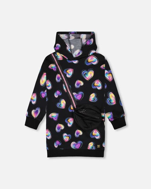 Deux Par Deux Hooded Fleece Dress With Bag In Black