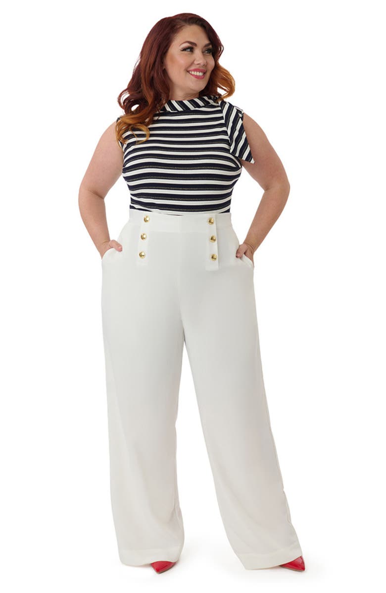 Smak Parlour Plus Size Wide Leg Sailor Pants, Main, color, White & Gold