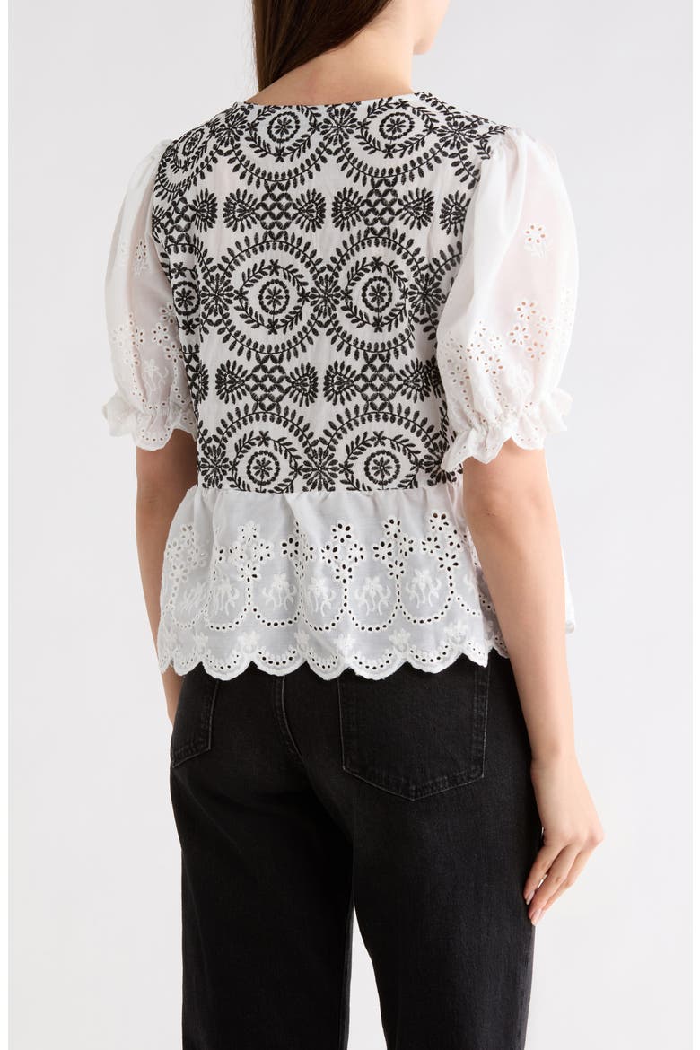 Eyelet Embroidered Short Sleeve Button-Up Shirt, Alternate, color, WHITE/ BLACK