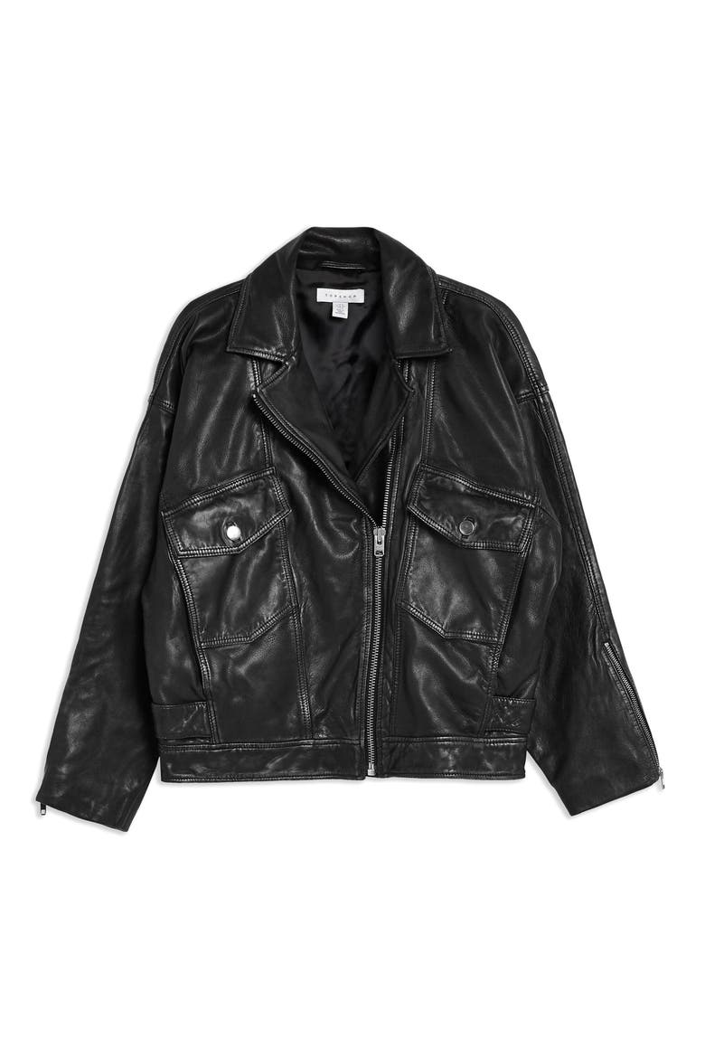 Oversize Leather Biker Jacket, Alternate, color, BLACK