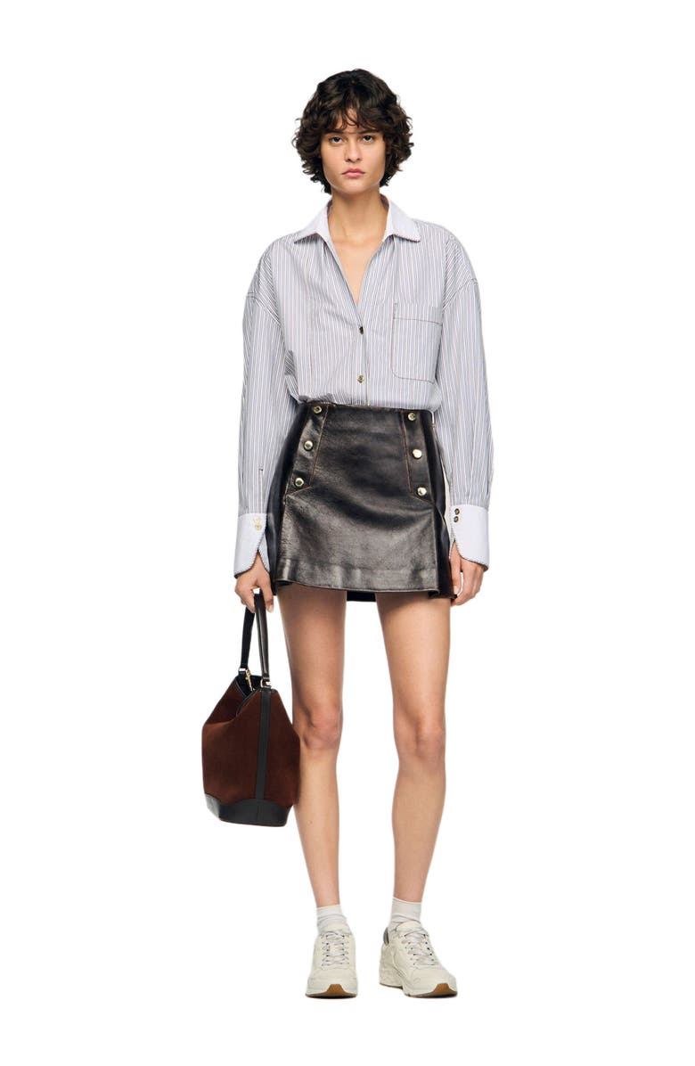 SANDRO Short aged leather skirt, Alternate, color, Brown