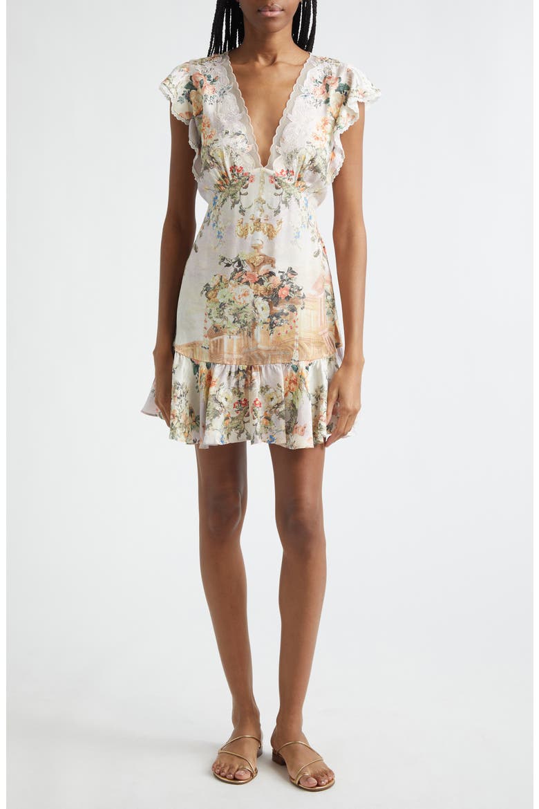 Floral Cap Sleeve Lace Trim Dress, Main, color, TWILIGHT IN ISTANBUL