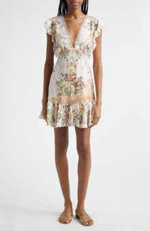 Floral Cap Sleeve Lace Trim Dress