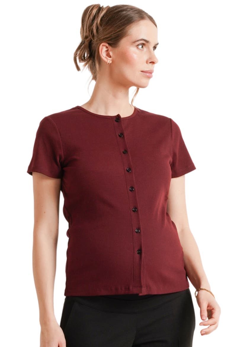 Avery Button-Front Maternity & Nursing Ribbed Tee, Main, color, Burgundy