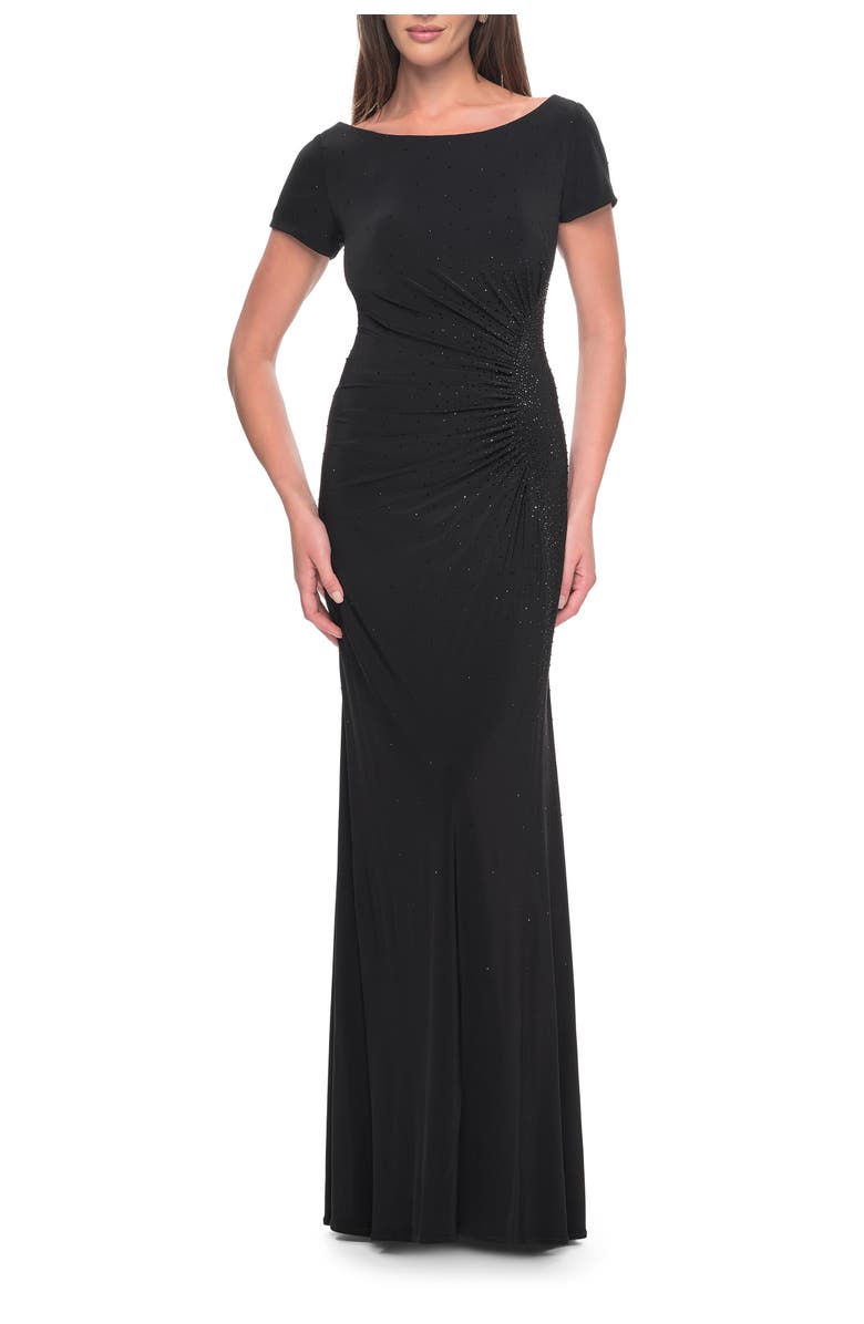 La Femme Long Jersey Evening Dress with Rhinestone Details, Main, color, Black