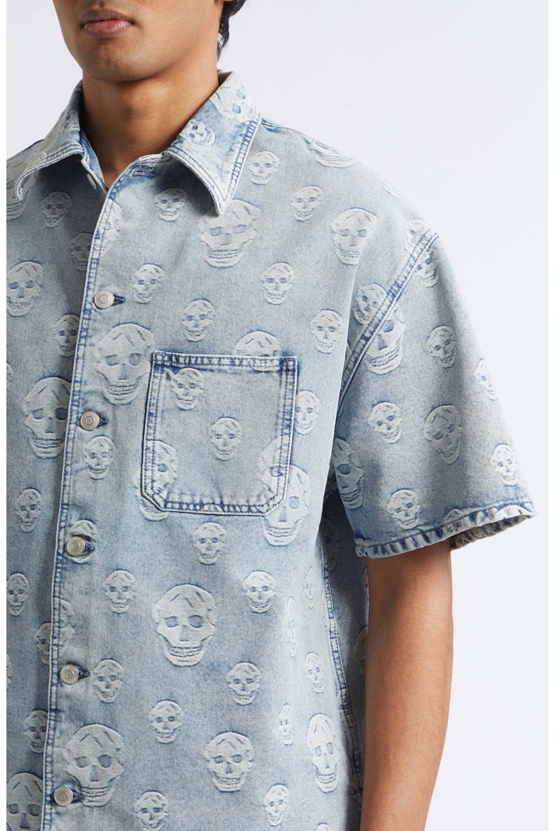 Skull Print Short Sleeve Denim Button-Up Shirt, Alternate, color, SAPPHIRE