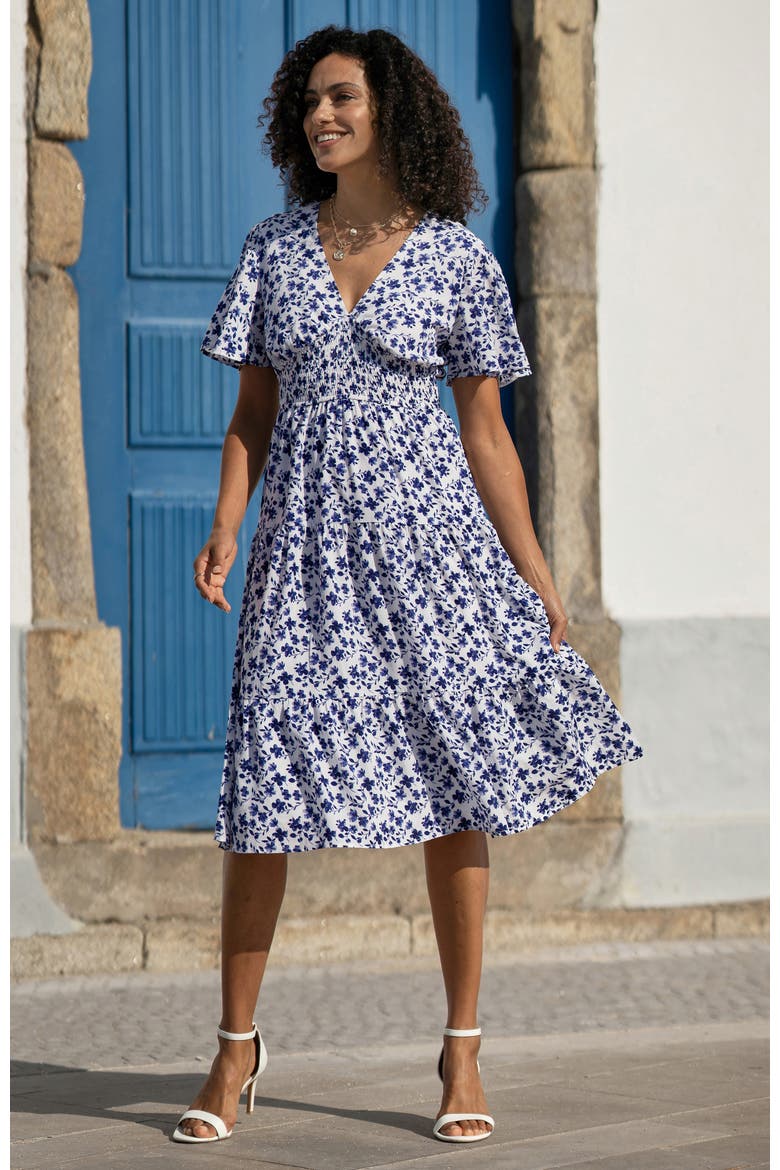 Floral Angel Sleeve Midi Dress, Alternate, color, White