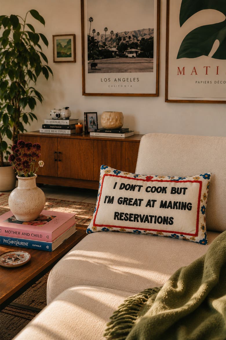 I Dont Cook But Im Great at Making Reservations - Slogan Needlepoint Pillow, Alternate, color, I Dont Cook