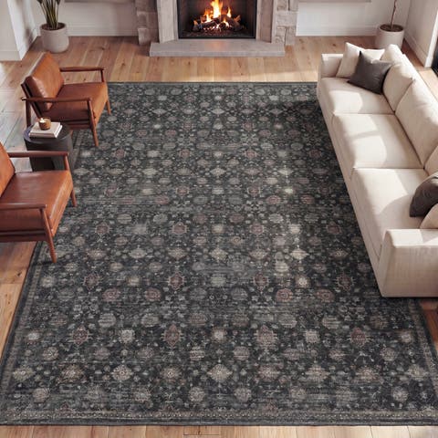 Petunia Distressed All-Over Floral Border Non-Slip Machine-Washable Rug