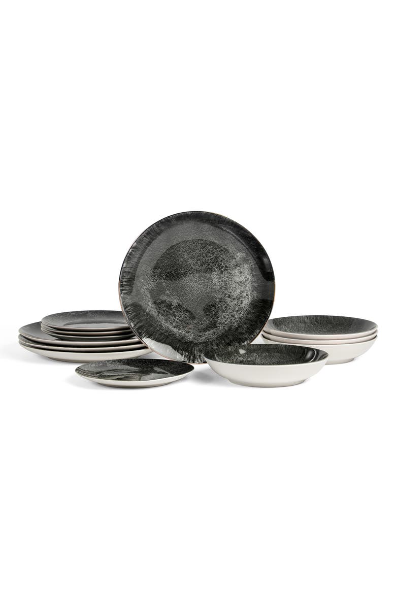 Onyx 12-Piece Dinnerware Set Porcelain, Service for 4, Main, color, Black and Gold