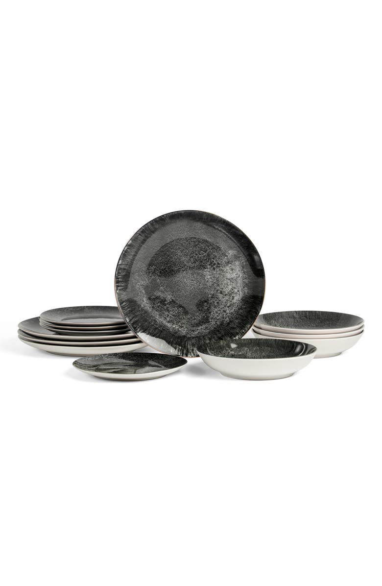 Christian Siriano Onyx 12-Piece Dinnerware Set Porcelain, Service for 4, Main, color, Black And Gold