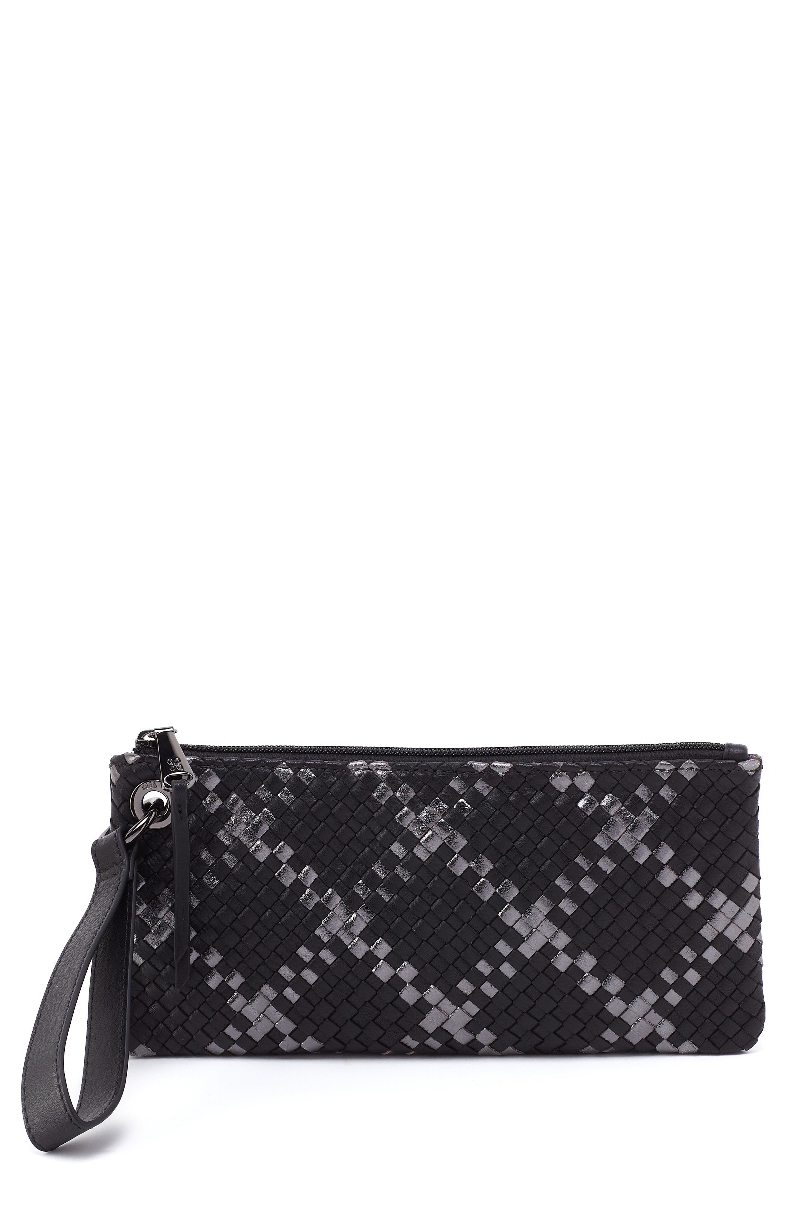 'Vida' Leather Clutch, Main, color, BLACK METALLIC WOVEN