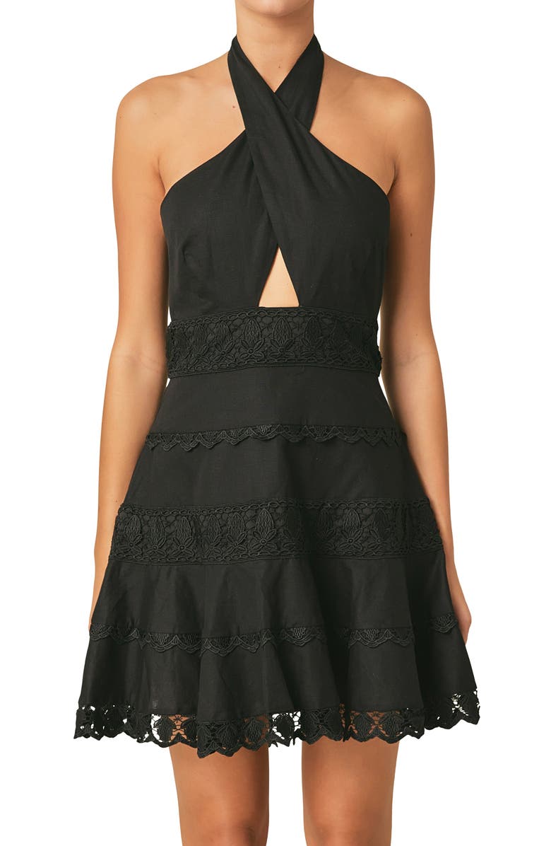 Endless Rose Halter Lace Trim Cotton & Linen Minidress, Alternate, color, Black