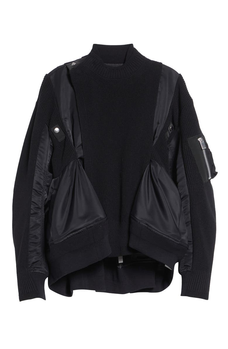 Sacai Mixed Media Bomber Jacket with Sweater Bib Overlay, Main, color, Black