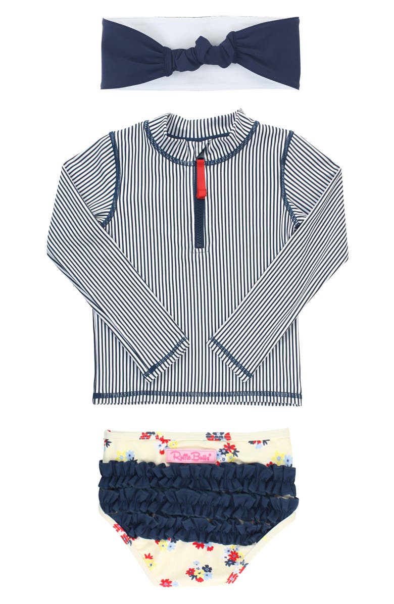 RuffleButts Petal Parade Two-Piece Rashguard Swimsuit & Head Wrap Set, Alternate, color, 