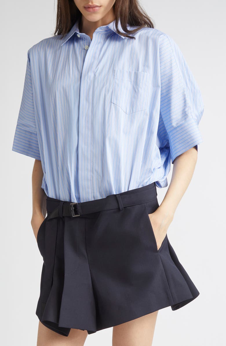 Sacai Mixed Media Poplin & Suiting Shirtdress, Alternate, color, Light Blue/ Stripe Navy