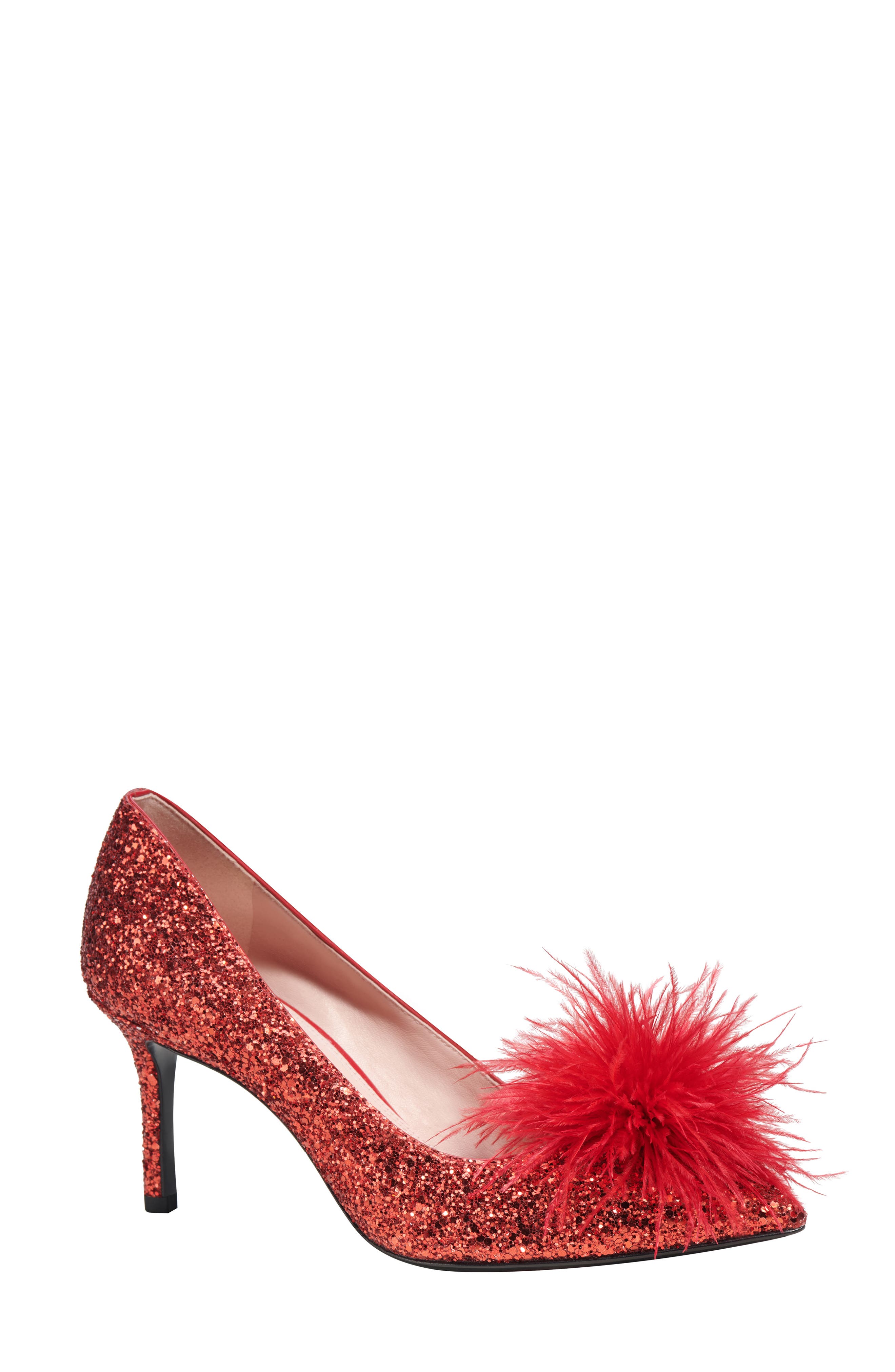 Kate Spade New York marabou pointed toe pump, Main, color, Engine Red