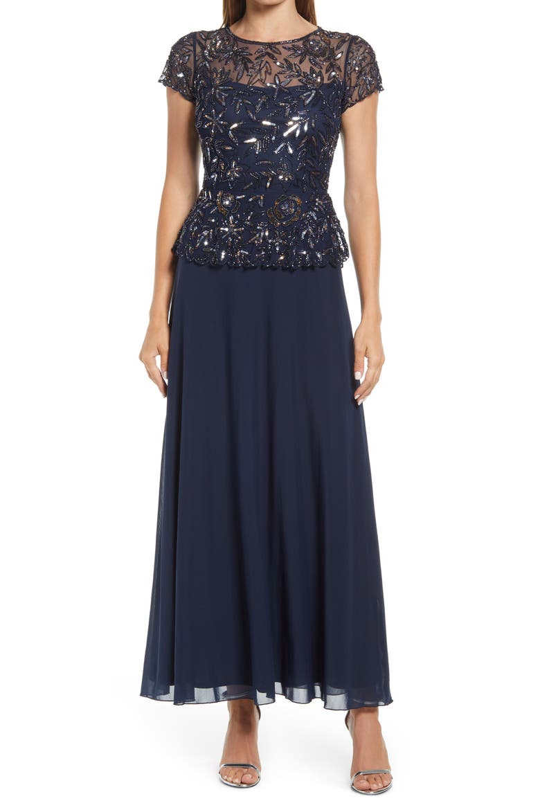 Beaded Mesh Mock Two-Piece Gown, Main, color, JBS NAVY