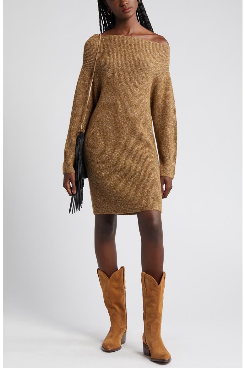 One-Shoulder Long Sleeve Rib Sweater Dress, Main, color, BROWN TEMPLE