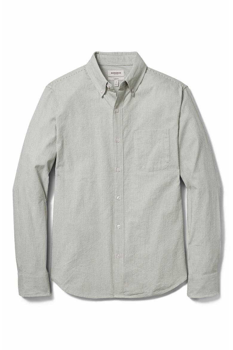 Everyday Slim Fit Striped Cotton Seersucker Shirt, Alternate, color, OLIVE STRIPE SEERSUCKER