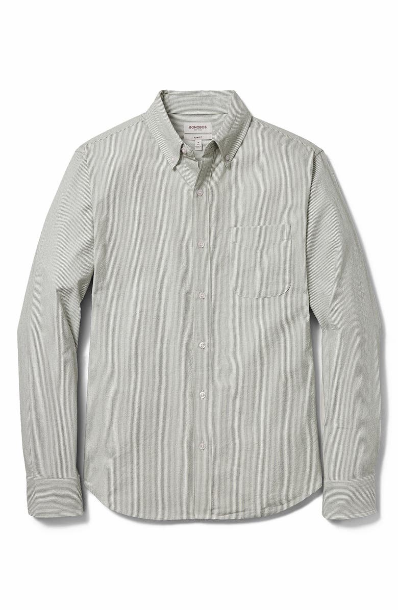 Bonobos Everyday Slim Fit Striped Cotton Seersucker Shirt, Alternate, color, Olive Stripe Seersucker