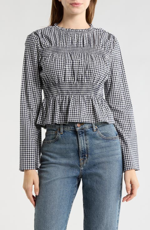 Gingham Long Sleeve Peplum Top