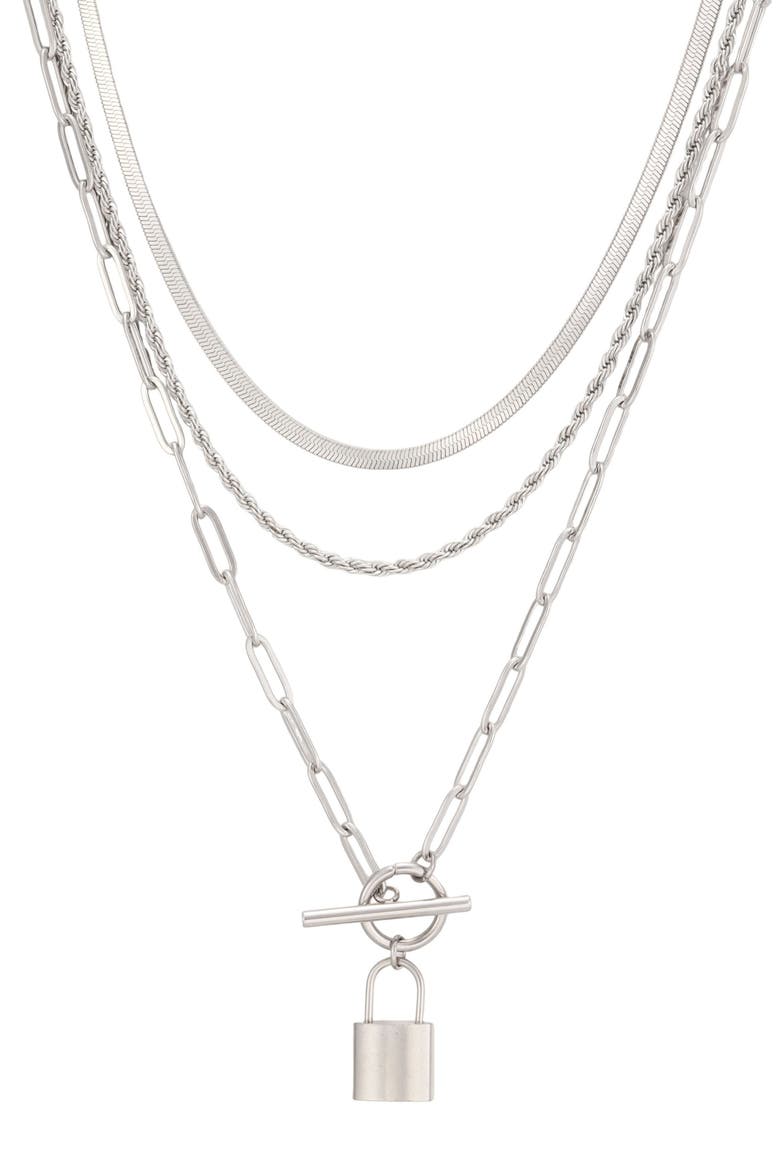Padlock Layered Necklace, Main, color, SILVER